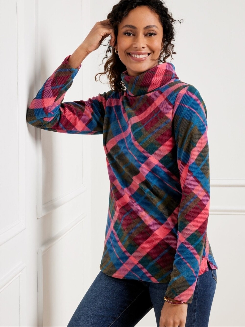 NWOT Talbots Microfleece Funnel Neck Top in Lovely Plaid
